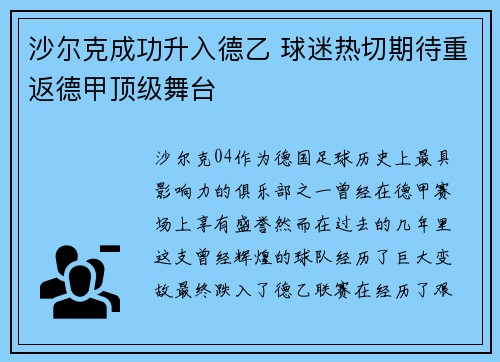 沙尔克成功升入德乙 球迷热切期待重返德甲顶级舞台