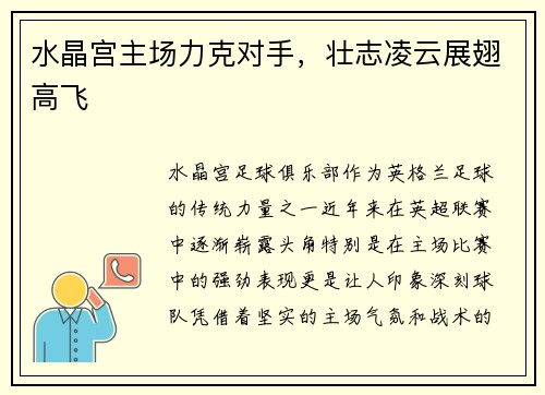 水晶宫主场力克对手，壮志凌云展翅高飞